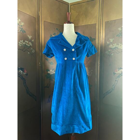 Blue velvet dress with jewel buttons and shirt sleeves, size S - Picture 1 of 5